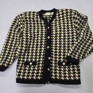Carroll Reed Vintage Wool Houndstooth Cardigan Sweater Black Cream XL